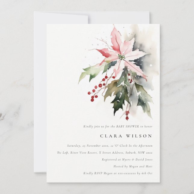 Invitación Poinsettia Berry Foliage Watercolor Baby Shower (Anverso)