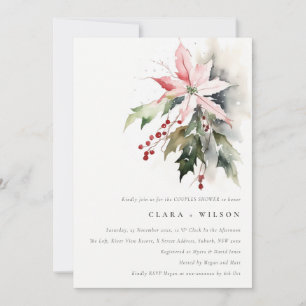 Invitación Poinsettia Berry Foliage Watercolor Couples Ducha