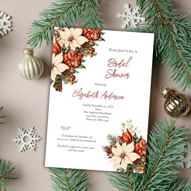 Invitación Poinsettia blanca roja invierno vacaciones de invi (Vintage Poinsettia Red white elegant Christmas Holiday Winter Fall Bridal Shower invitation)