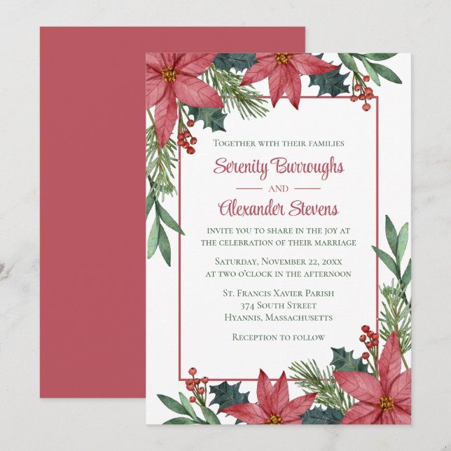 Invitación Poinsettia Boda de Navidades Red Floral Elegante