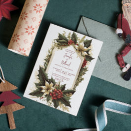 Invitación Poinsettia Borgoña Dorado Floral Navidad Boda