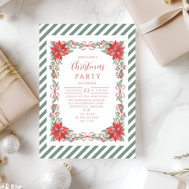 Invitación Poinsettia Botanical Stripe Christmas (Subido por el creador)