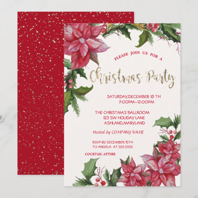 Invitación Poinsettia, Confetti, Fiesta de Navidades de la Co (Anverso / Reverso)