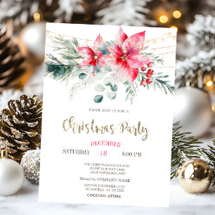 Invitación Poinsettia de acuarela Estrellas Luces Navidad 