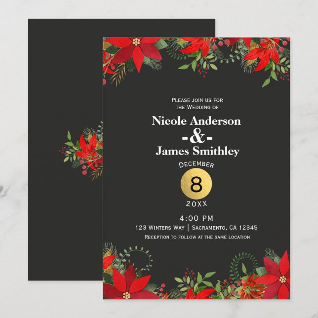 Invitación Poinsettia de bodas de invierno oscuras + vacacion (Anverso / Reverso)