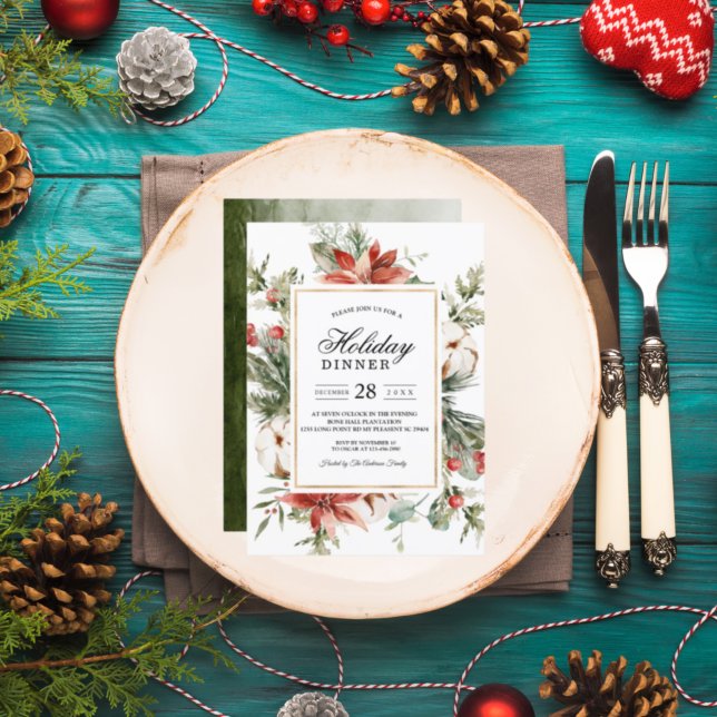 Invitación Poinsettia de invierno acuarela y pino verde (Subido por el creador)