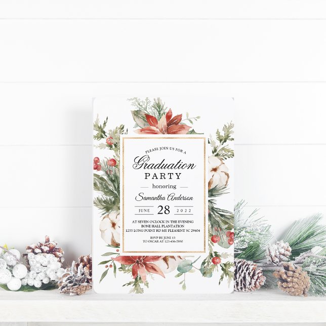 Invitación Poinsettia de invierno acuarela y pino verde (Subido por el creador)