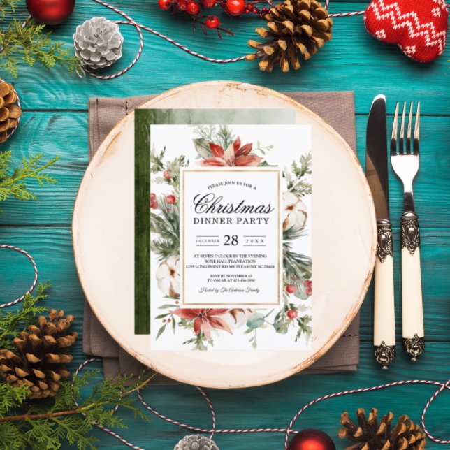 Invitación Poinsettia de invierno acuarela y pino verde I (Subido por el creador)