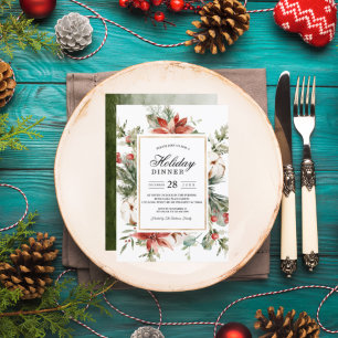Invitación Poinsettia de invierno en acuarela y pino verde