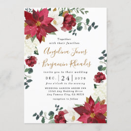 Invitación Poinsettia Elegante Boda Floral Blanco Oro Rojo
