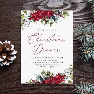 Invitación Poinsettia Elegante de Acuarela para Cena de Navid
