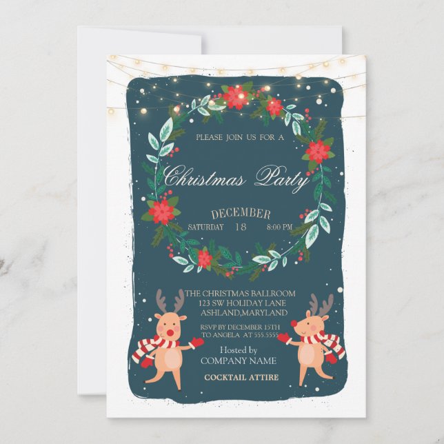 Invitación Poinsettia, empresa de Navidades de renos (Anverso)