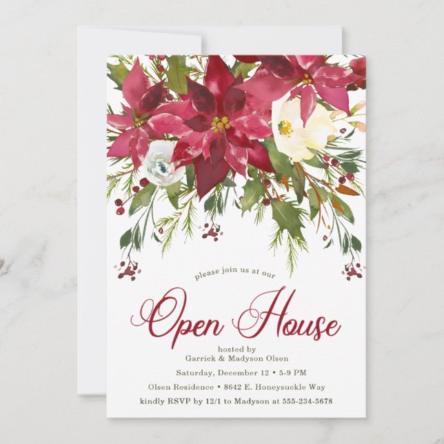 Invitación Poinsettia Fiesta de Navidad Casa Abierta (Anverso)