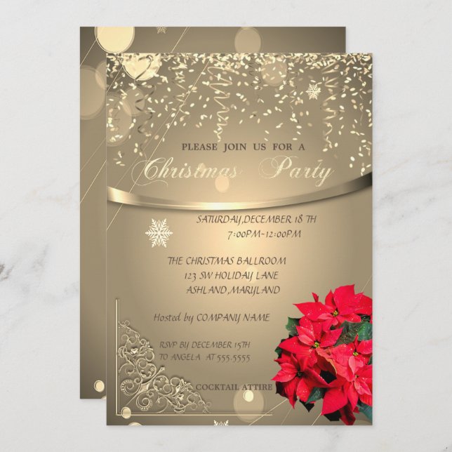 Invitación Poinsettia, Fiesta de Navidad de Confetti Company (Anverso / Reverso)