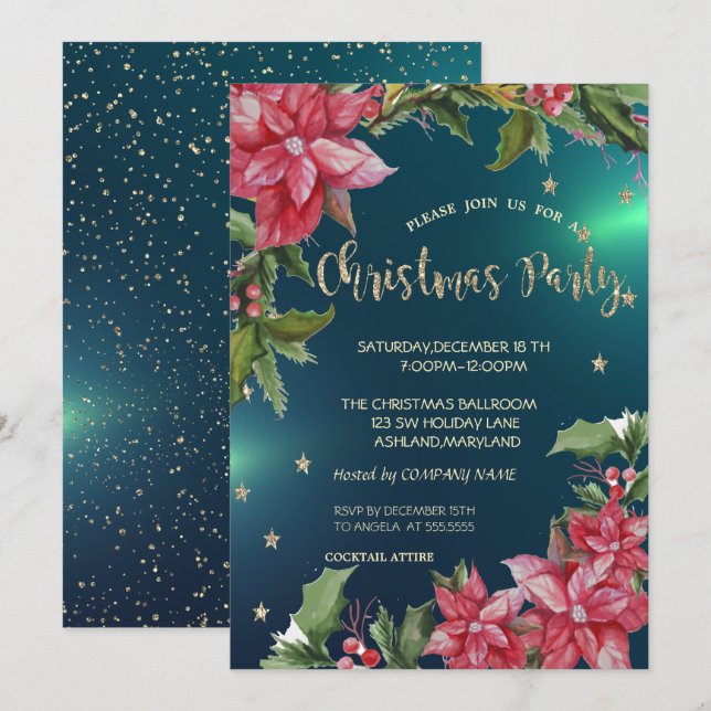 Invitación Poinsettia, Fiesta de Navidades de Stars Green Com (Anverso / Reverso)