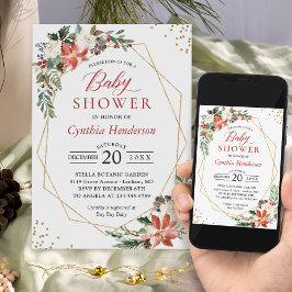 Invitación Poinsettia Floral Gold Frame Winter Baby Shower