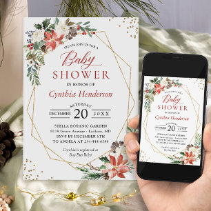 Invitación Poinsettia Floral Gold Frame Winter Baby Shower