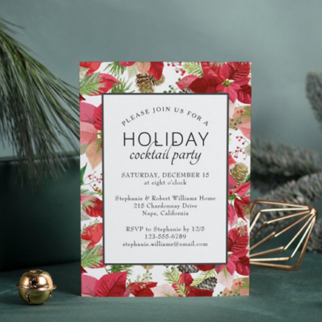 Invitación Poinsettia Floral Holiday Cocktail Fiesta (Subido por el creador)