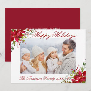 Invitación Poinsettia Floral Photo Red Happy Holidays Card