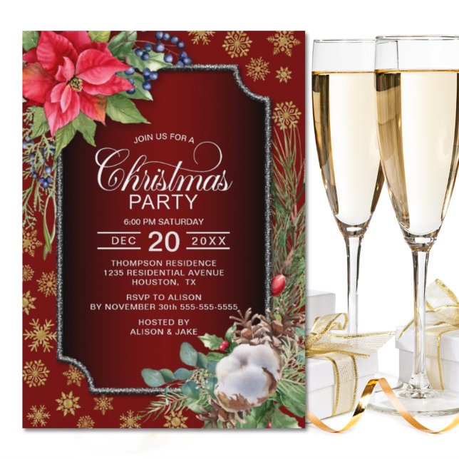 Invitación Poinsettia Gold Snowflakes Fiesta de Navidades roj (Subido por el creador)