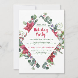 Invitación Poinsettia, hojas de eucalipto, Navidades de bayas