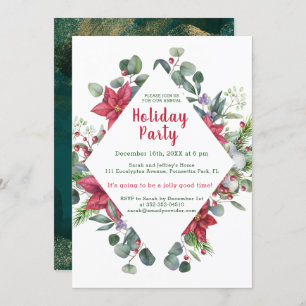 Invitación Poinsettia, hojas de eucalipto, Navidades de bayas
