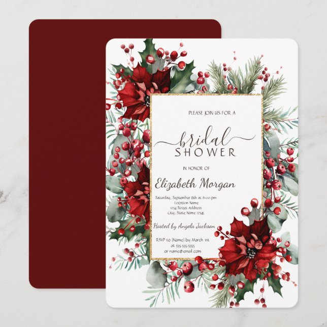 Invitación Poinsettia Holiday Winter Bridal Shower (Anverso / Reverso)