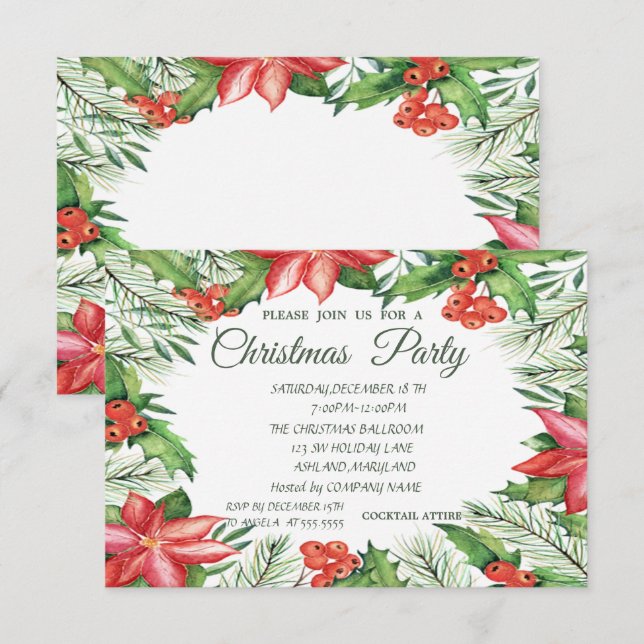 Invitación Poinsettia, Holly Berries Company Navidades Fiesta (Anverso / Reverso)