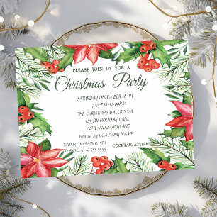 Invitación Poinsettia, Holly Berries Company Navidades Fiesta