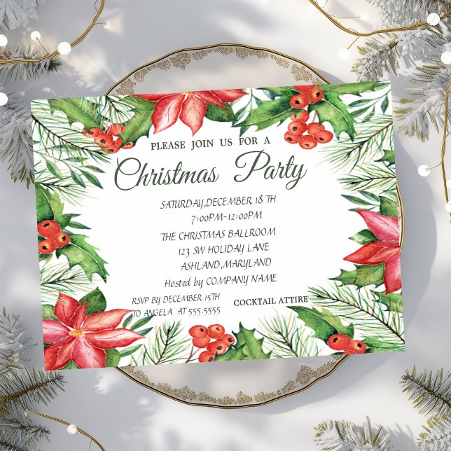 Invitación Poinsettia, Holly Berries Company Navidades Fiesta (Subido por el creador)