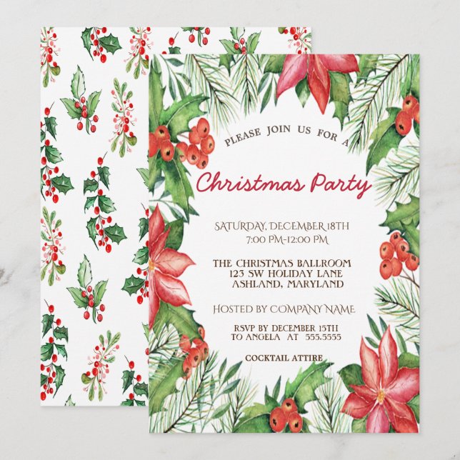 Invitación Poinsettia, Holly Berries Fiesta de Navidades corp (Anverso / Reverso)