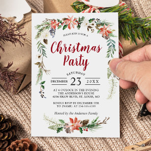 Invitación Poinsettia Holly Berries Floral Christmas Party