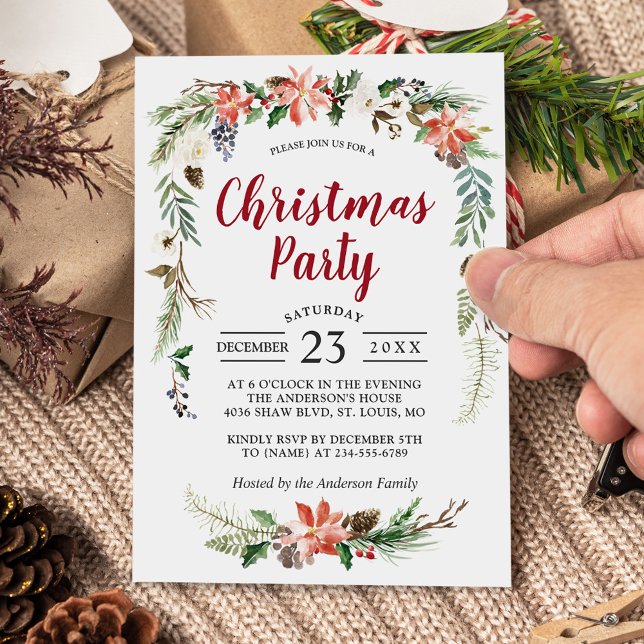 Invitación Poinsettia Holly Berries Floral Christmas Party (Subido por el creador)