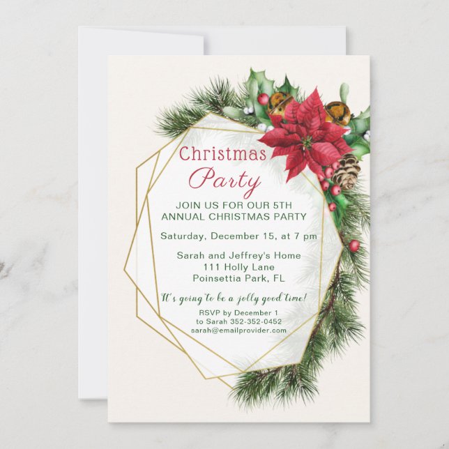 Invitación Poinsettia, holly, Navidades de pino fiesta (Anverso)