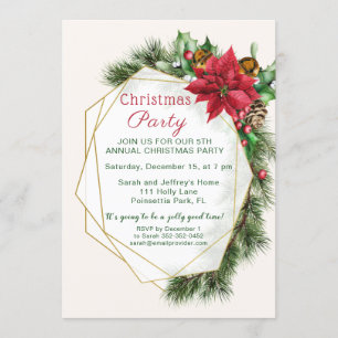 Invitación Poinsettia, holly, Navidades de pino fiesta