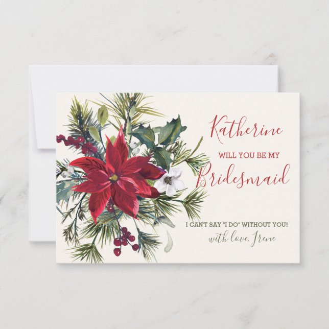 Invitación Poinsettia, holly, pine Be my Bridesmaid (Anverso)