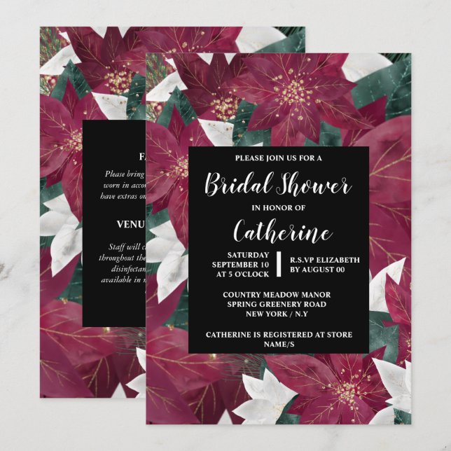 Invitación Poinsettia imitación de la moda floral blanca roja (Anverso / Reverso)