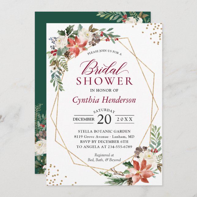 Invitación Poinsettia Navidades Floral Gold Ducha de novias (Anverso / Reverso)