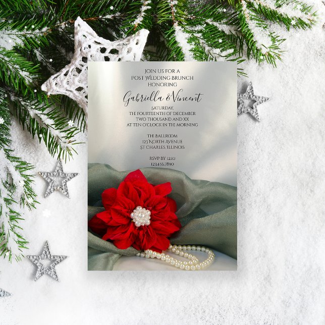 Invitación Poinsettia Pearls Green Winter Boda Brunch (Set a festive tone with the Red Poinsettia and Pearls Winter Post Wedding Brunch Invitation.)