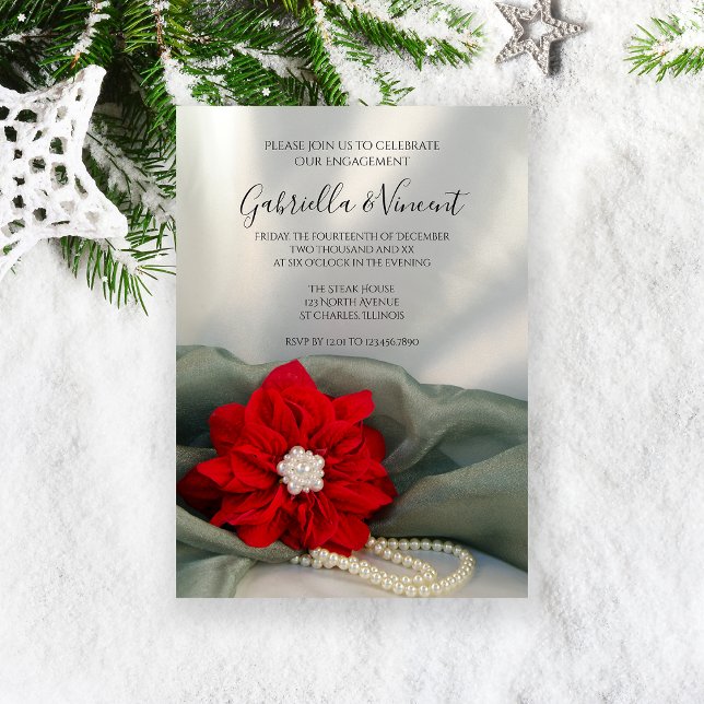 Invitación Poinsettia Perlas en el Green Winter Engagement Pa (Celebrate your December winter engagement with the Poinsettia and Pearls Party Invitation.)