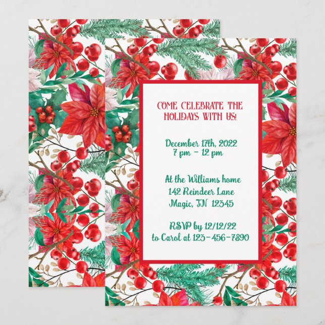 Invitación Poinsettia, Pine Boughs y Red Berries (Anverso / Reverso)