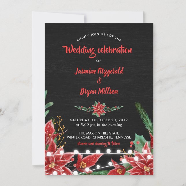 Invitación Poinsettia roja | Boda de Navidades de Chalkboard (Anverso)