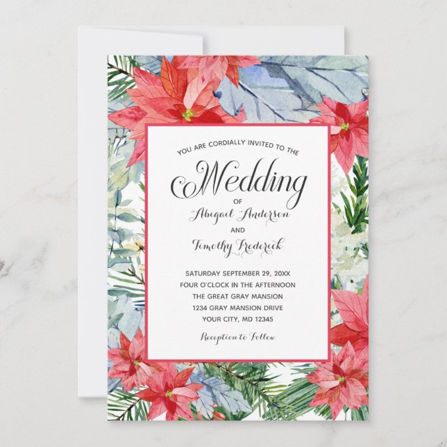 Invitación Poinsettia roja cada Boda floral de invierno verde (Anverso)