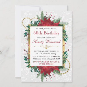 Invitación Poinsettia Roja Elegante Cumpleaños 50