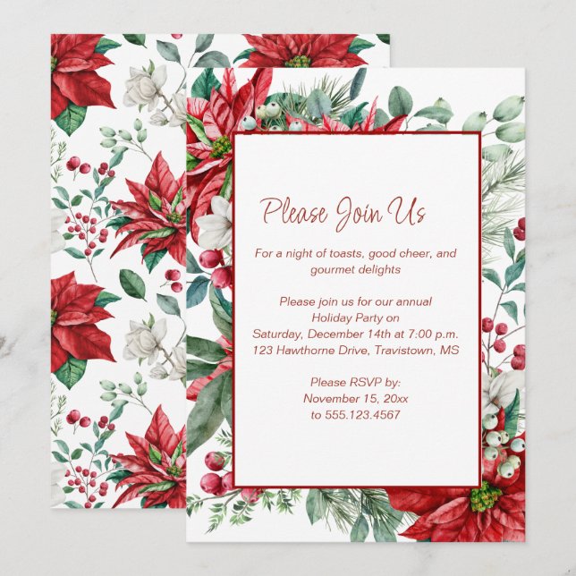 Invitación Poinsettia roja, Mistletoe, Fiesta de Navidades de (Anverso / Reverso)