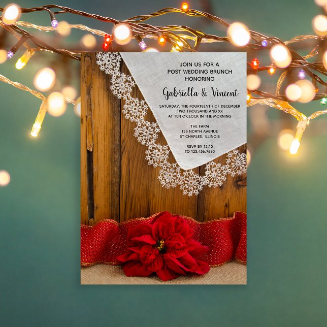 Invitación Poinsettia Roja Rústica Brunch de Invierno Post Bo (Set a festive tone to your day after celebration with this rustic chic post wedding brunch invite.)