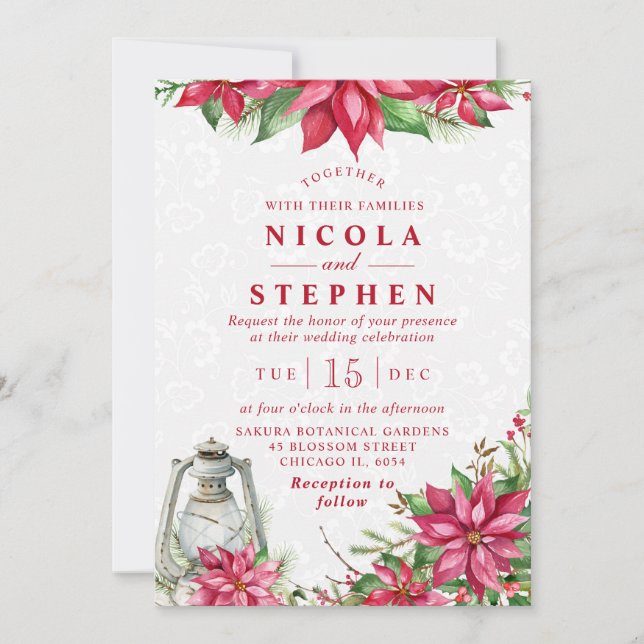 Invitación Poinsettia Roja y Bodas de Invierno con Linterna (Anverso)
