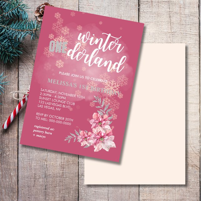 Invitación Poinsettia rosa de copo de nieve rosa onederland d (Subido por el creador)