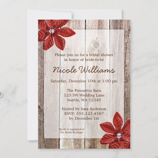 Invitación Poinsettia Rusn Wood Bridal Shower (Anverso)