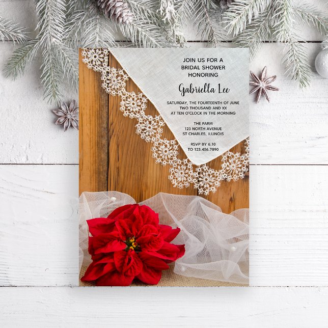 Invitación Poinsettia rústica y ducha de novias en invierno d (Invite guests to your wintery December celebration with this rustic Bridal Shower Invitation. )